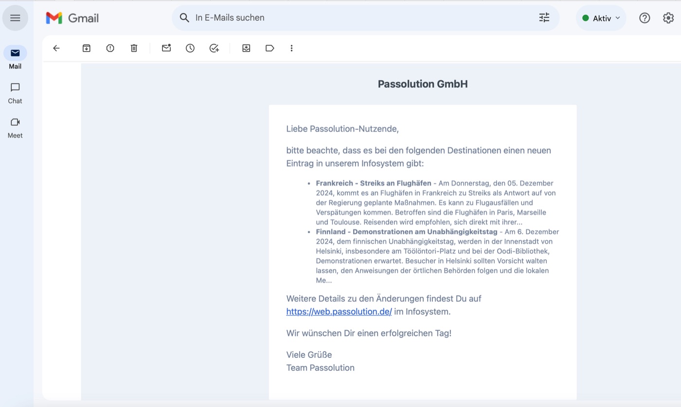Benachrichtigungs-E-Mail von Passolution mit neuen Einträgen für Frankreich und Finnland