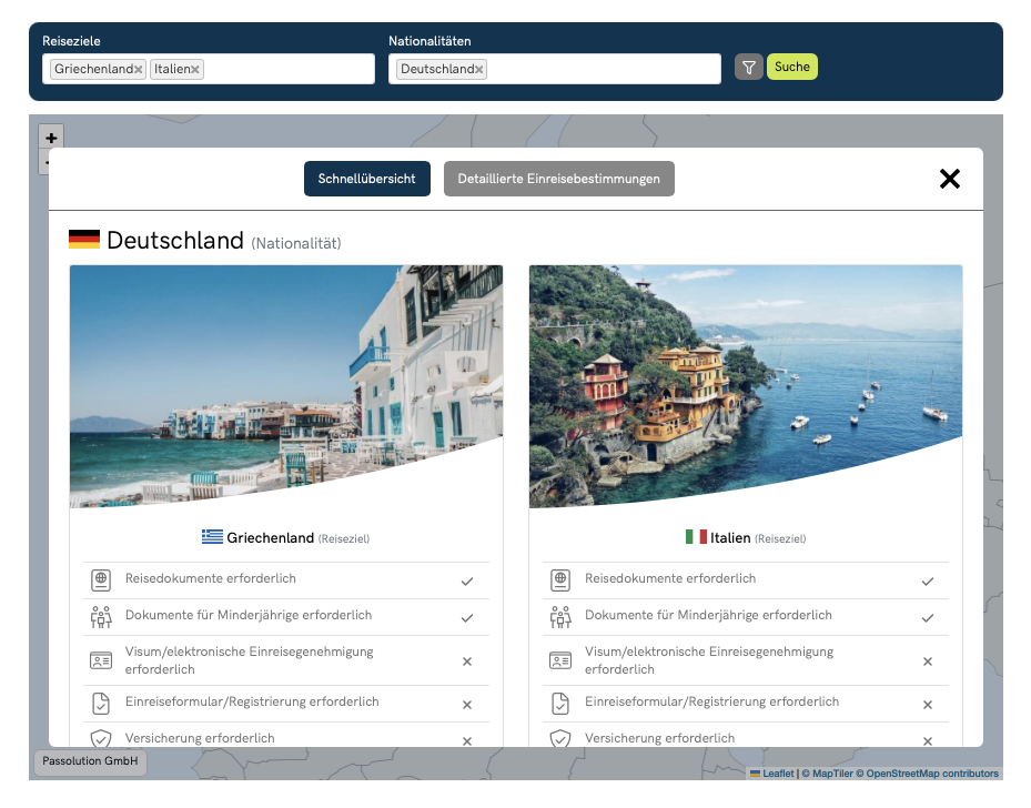 Einreise-Plugin auf einer Website: Abfrage für Griechenland und Italien mit Schnellübersicht