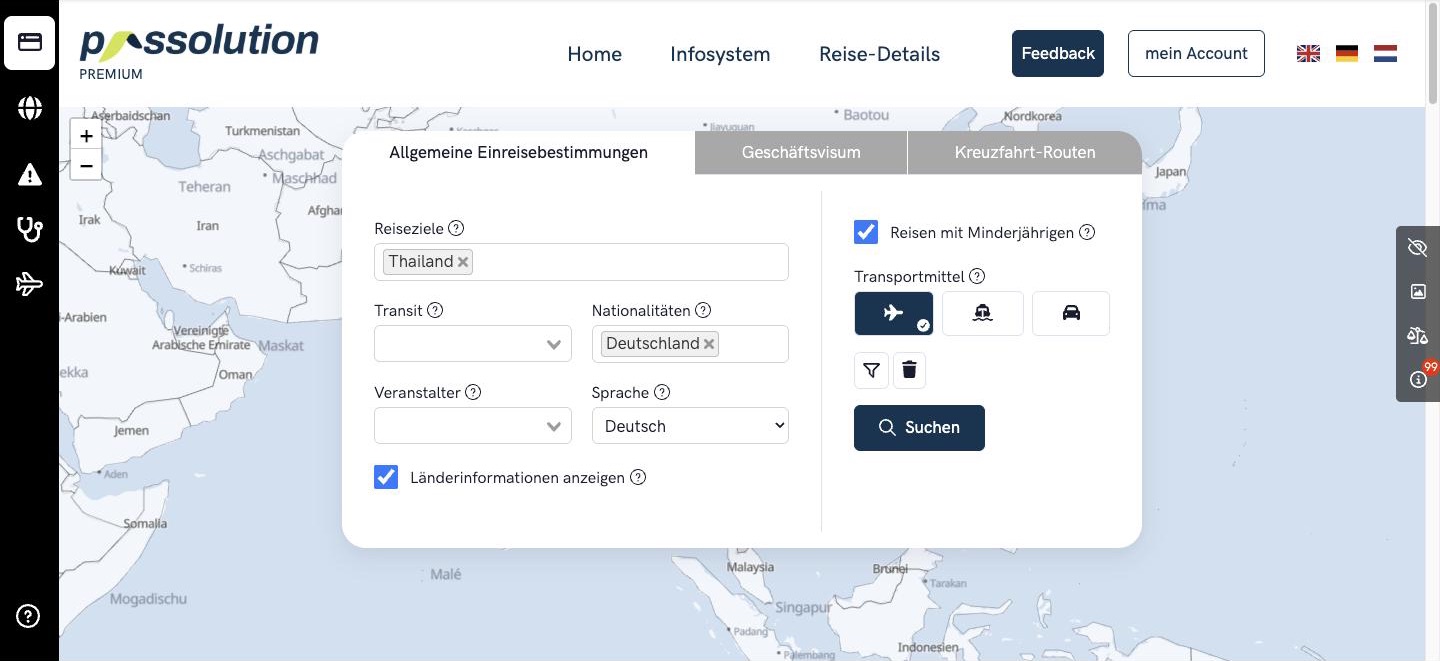 Suchmaske des Travel Requirements Service mit Reiseziel Thailand und Nationalität Deutschland